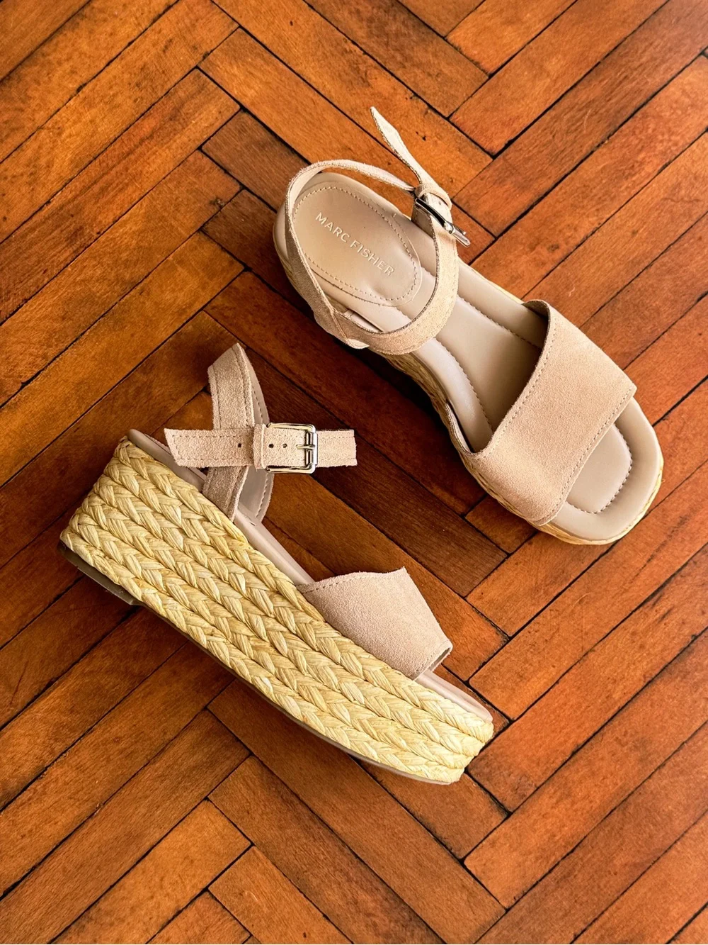 Sz 8.5 Marc Fisher Tan Suede Jellard Espadrille Chunky Jute Wrap Platform Sandal